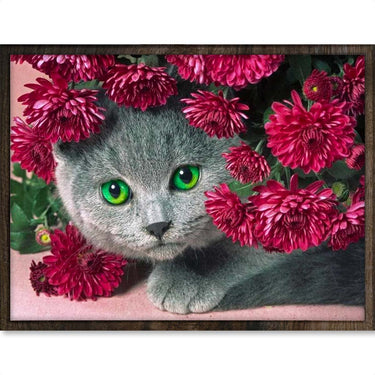 Poes bij Bloemen - Diamond Painting - 30x40cm - Rond